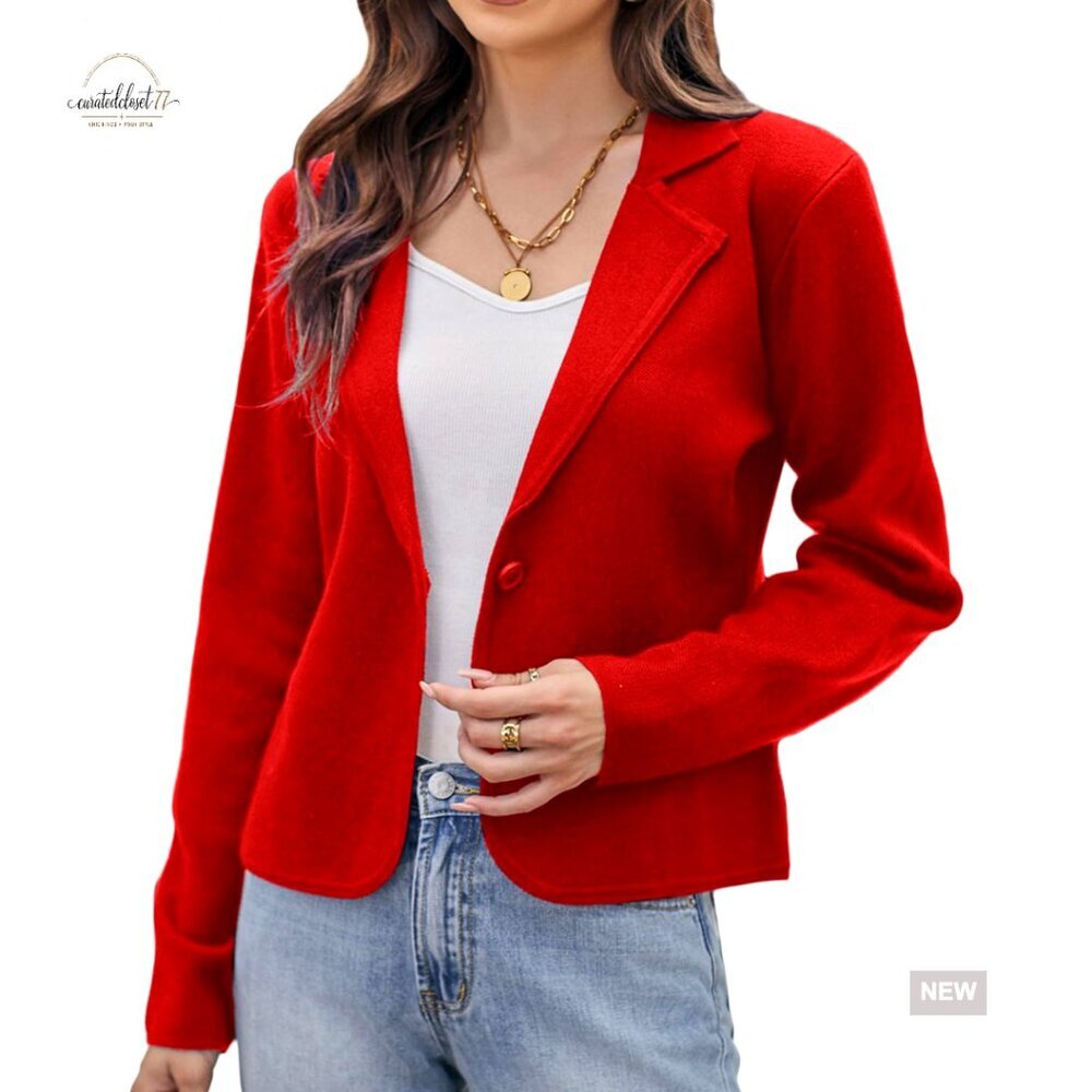 Cropped Knit Blazer Cardigan Lightweight Button Front Casual Work Chic